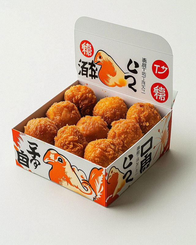 Packaging design for Japanese bizarre chicken balls featuring Midjourney prompt strategies for graphic design.