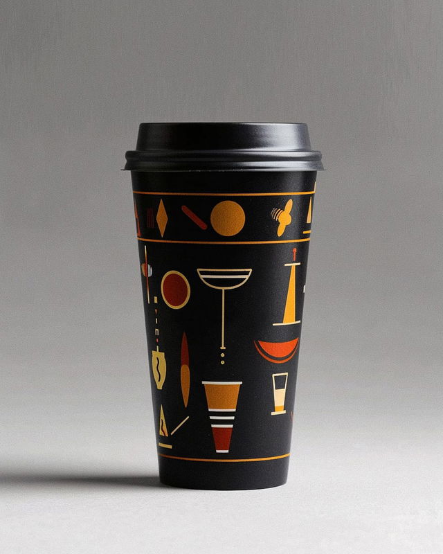 Takeaway coffee cup design by Alvin Lustig showcasing Midjourney prompt strategies for graphic design.
