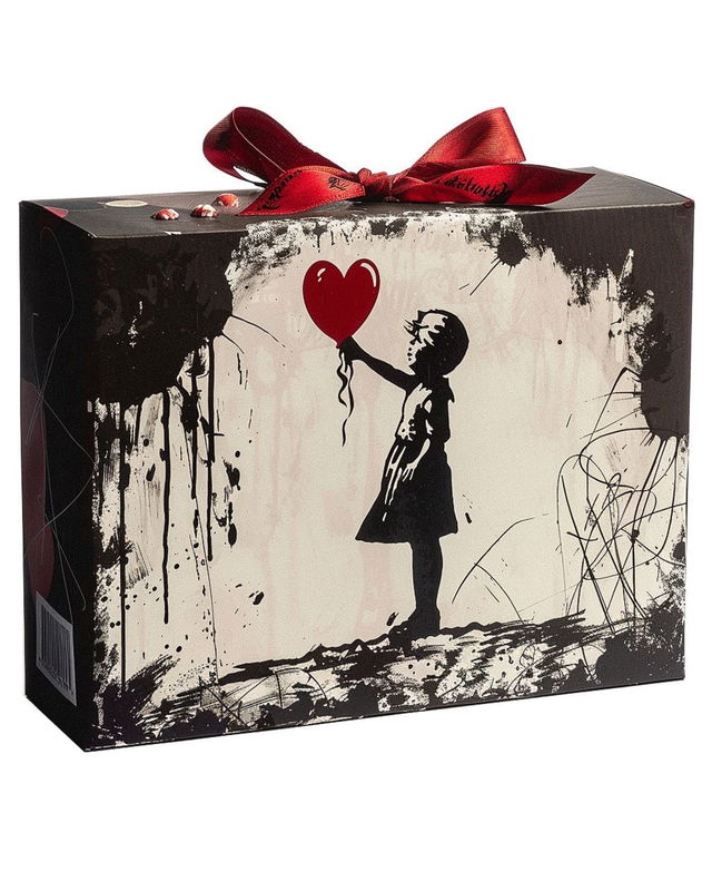 Packaging box for chocolate featuring Banksy design, Midjourney prompt strategies for print design.
