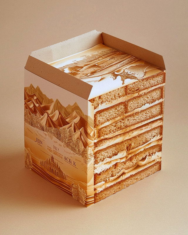 Cake packaging design by Liu Bolin showcasing Midjourney prompt techniques for graphic design.