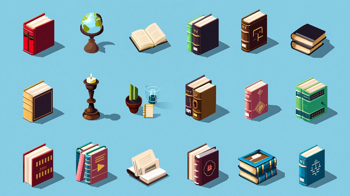 Set of pixelated 32x32 icons for library depicting various book types on bright blue background. Midjourney prompt engineering techniques.