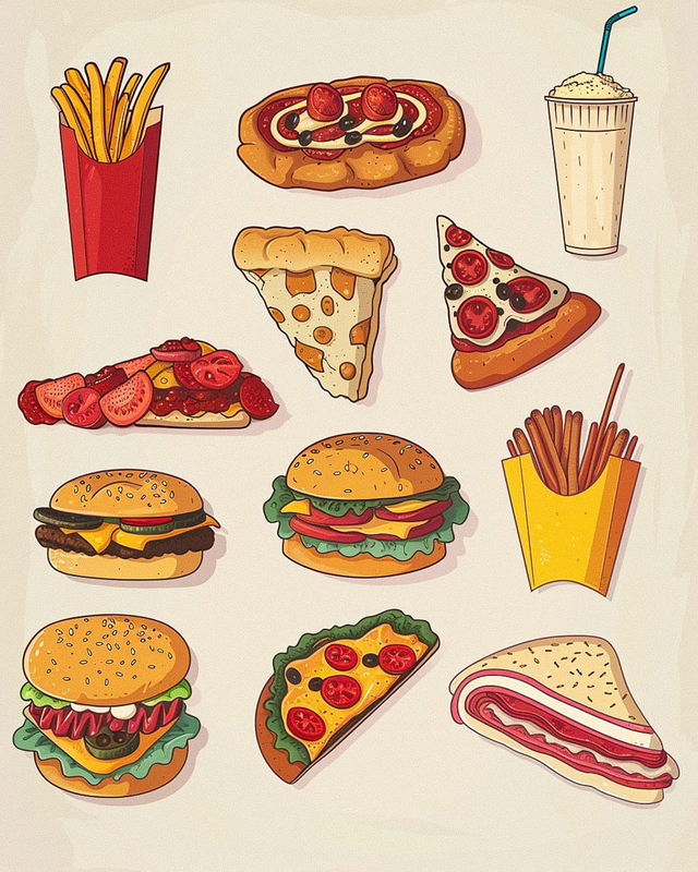 Vector illustrations of food items including burgers, pizza, fries, and milkshake generated with Midjourney prompt techniques.