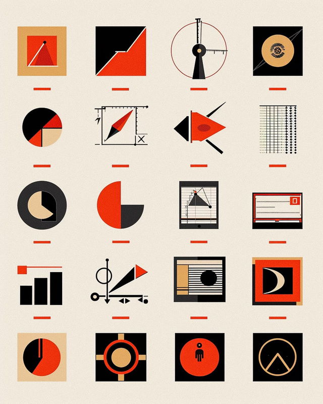 Grid of geometric marketing icons in a minimalist vector style with black, red, cream, and tan, Midjourney V6