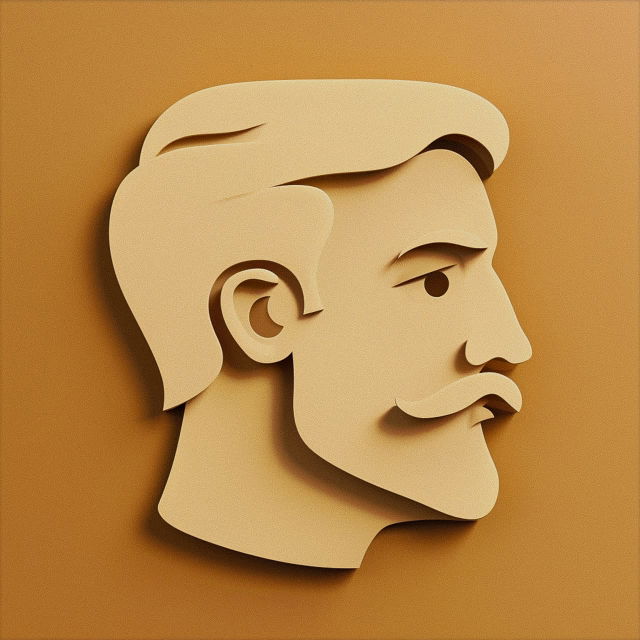Mobile app icon depicting male face in minimal vintage paper cutout style, created with Midjourney prompt techniques.