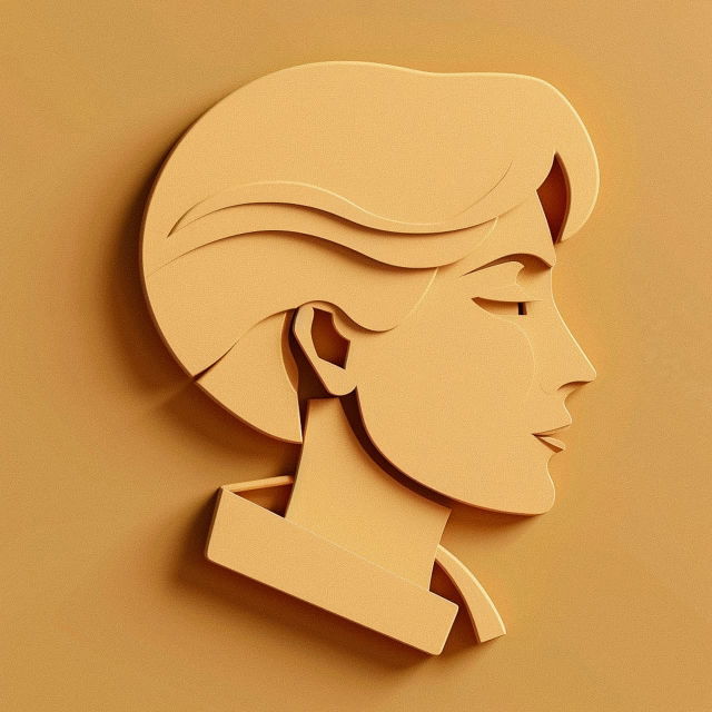 Mobile app icon featuring female face in minimal vintage paper cutout style, Midjourney prompt engineering techniques applied.