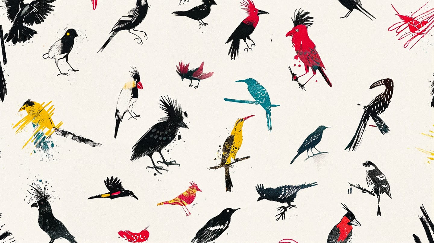 Colorful bird illustrations showcasing various styles, ideal for Midjourney graphic design prompts.