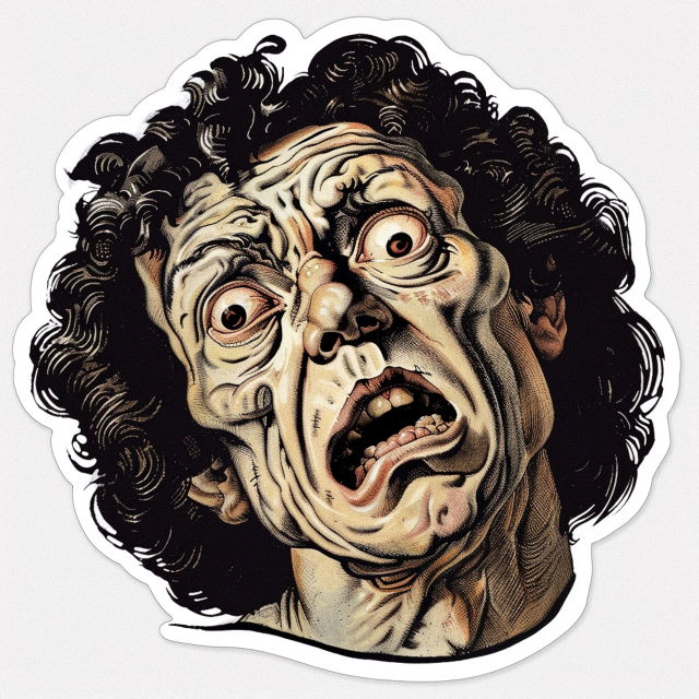 Sticker featuring mad person by Sandro Botticelli, Midjourney prompt engineering, graphic design techniques, version 6.