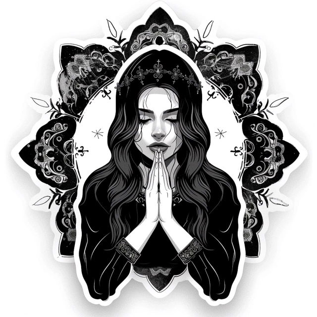 Sticker featuring Gothic-style prayer illustration, Midjourney prompt techniques, version 6, graphic design application.