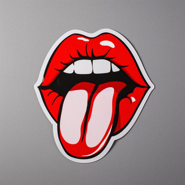 Sticker design featuring red lips with tongue, showcasing Midjourney prompt techniques for graphic design.