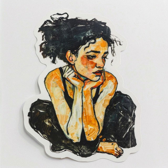Sticker featuring young lady by Egon Schiele, showcasing Midjourney prompt techniques for graphic design.