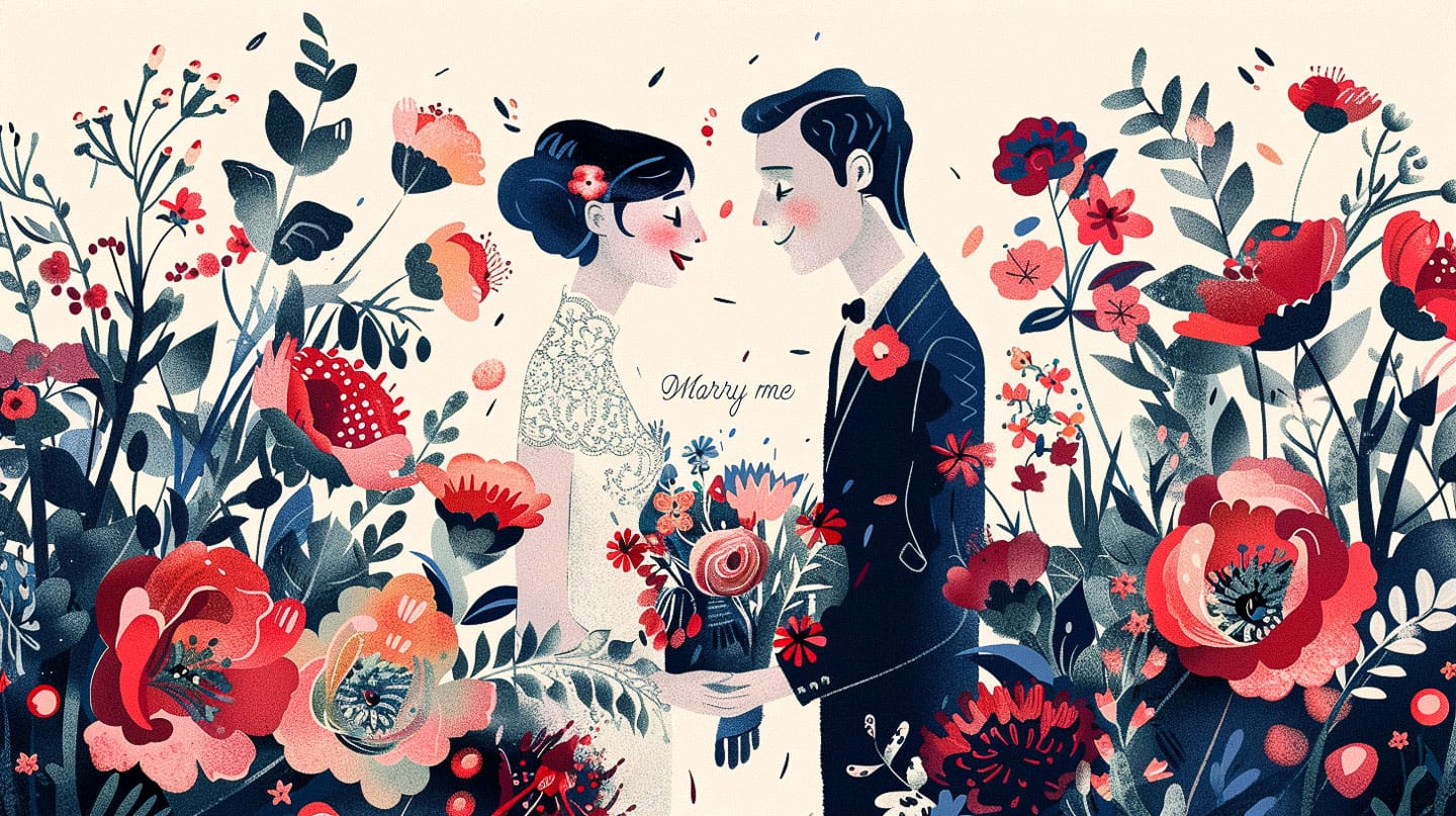 Wedding agency landing page header by Josef Frank, featuring floral design, couple, 'Marry me' text, Midjourney prompt strategies.
