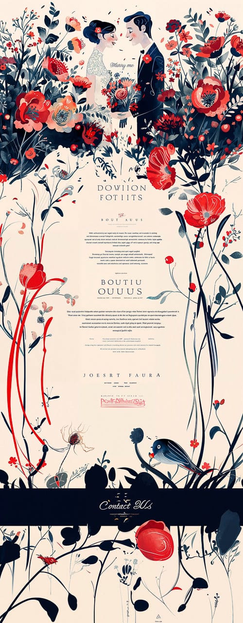 Midjourney prompt for floral wedding illustration, featuring couple amidst vibrant flowers, showcasing graphic design techniques and styles.