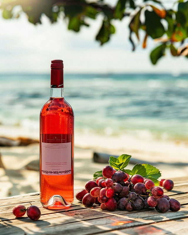 Sangria wine bottle label mockup on beach table with grapes --v 6, showcasing Midjourney prompt strategies for packaging design.