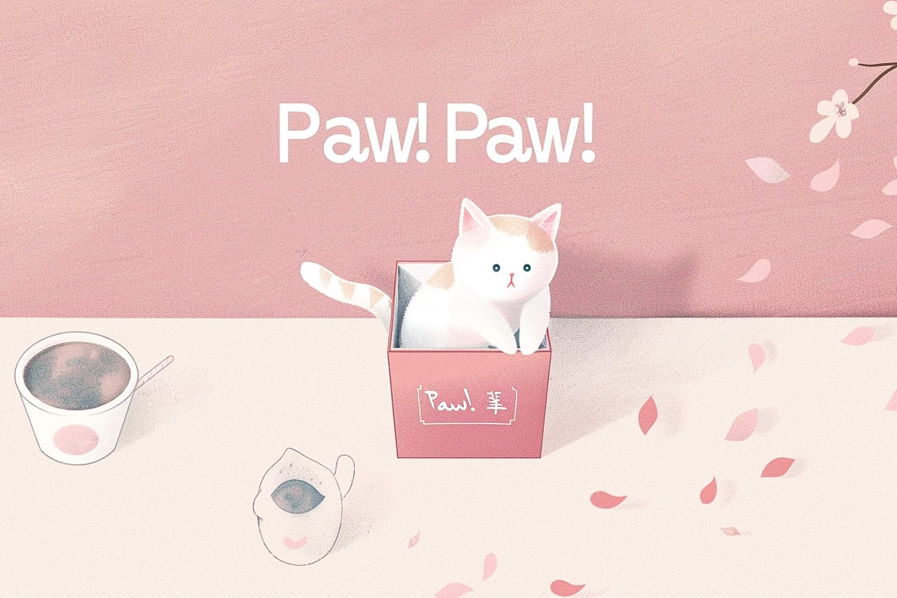 Logo design for cat cafe 'Paw! Paw!' using Midjourney prompt techniques, featuring cat in box, coffee cup, and artistic elements.