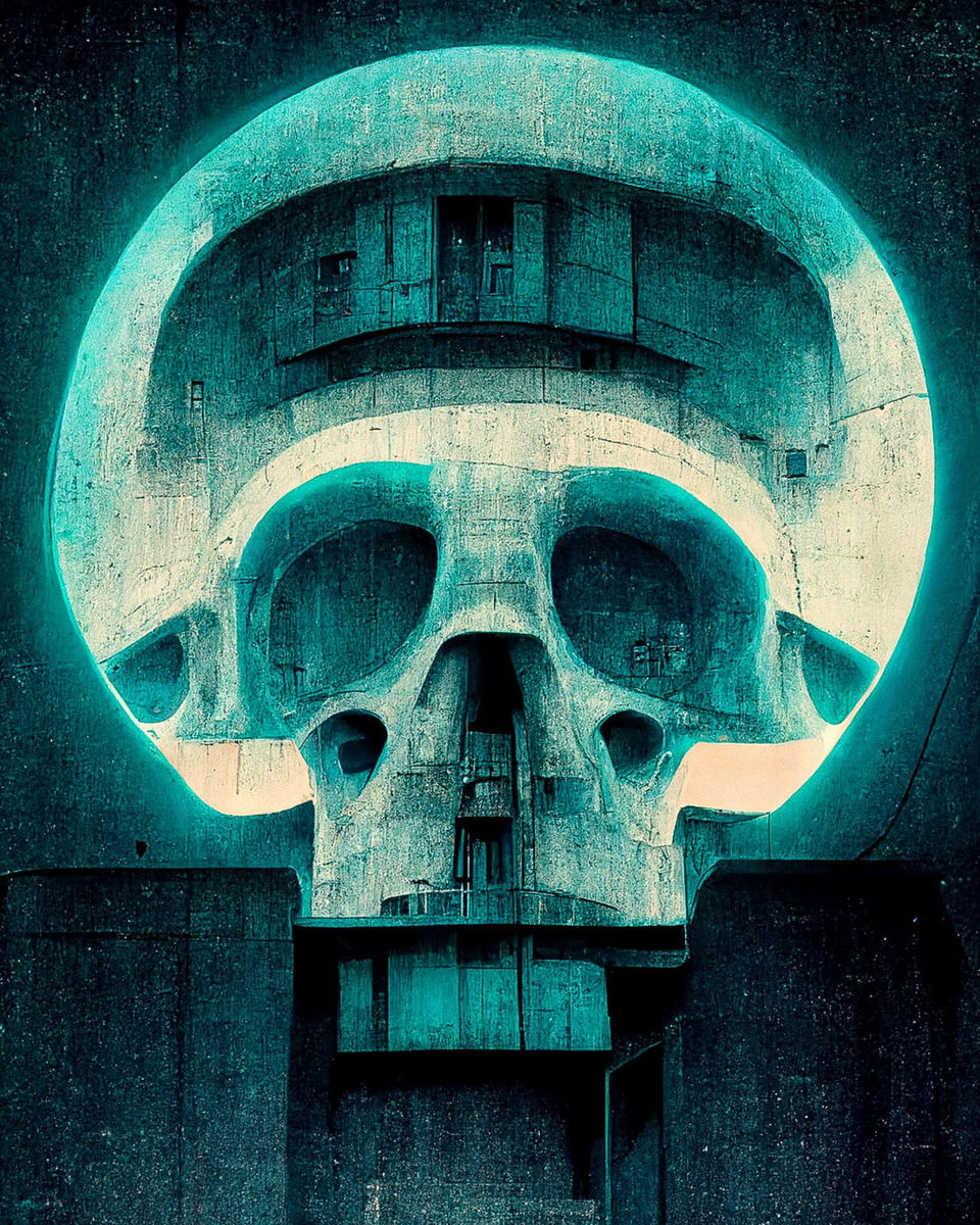 Brutalist concrete skull with architectural details, photographed in neon cyan tones, Midjourney V3