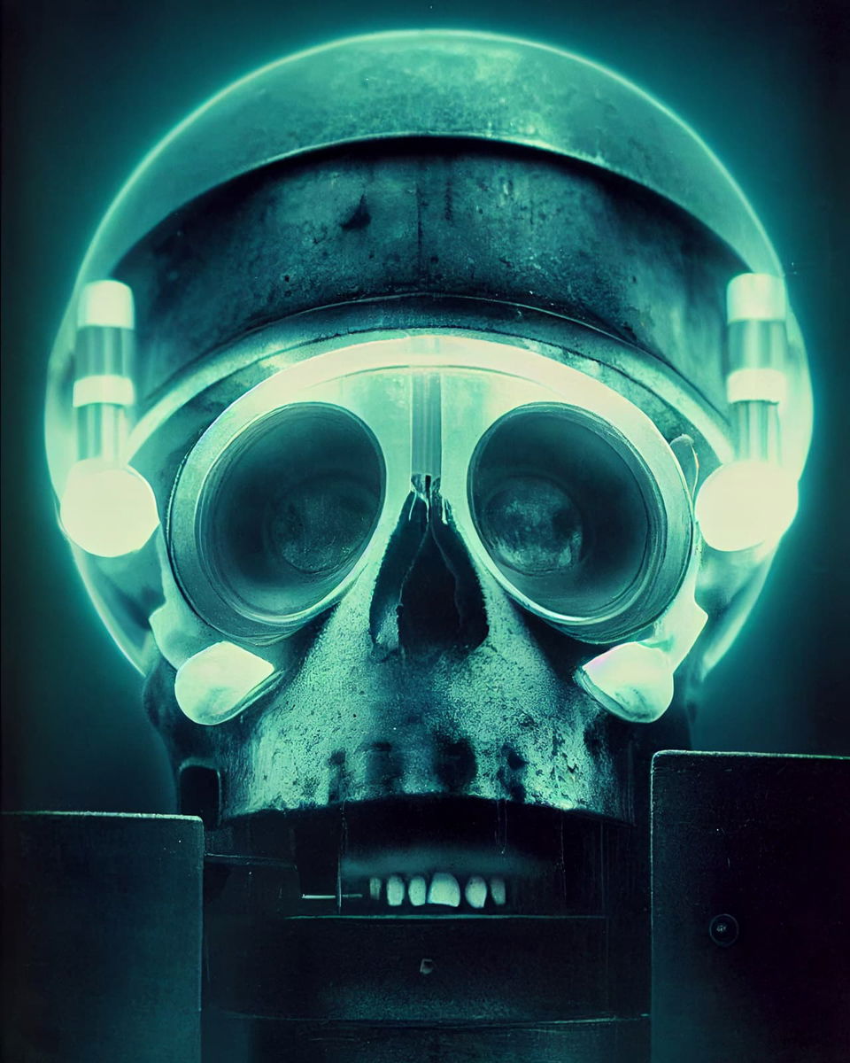 Brutalist concrete skull with goggles and machinery, photographed in neon cyan light