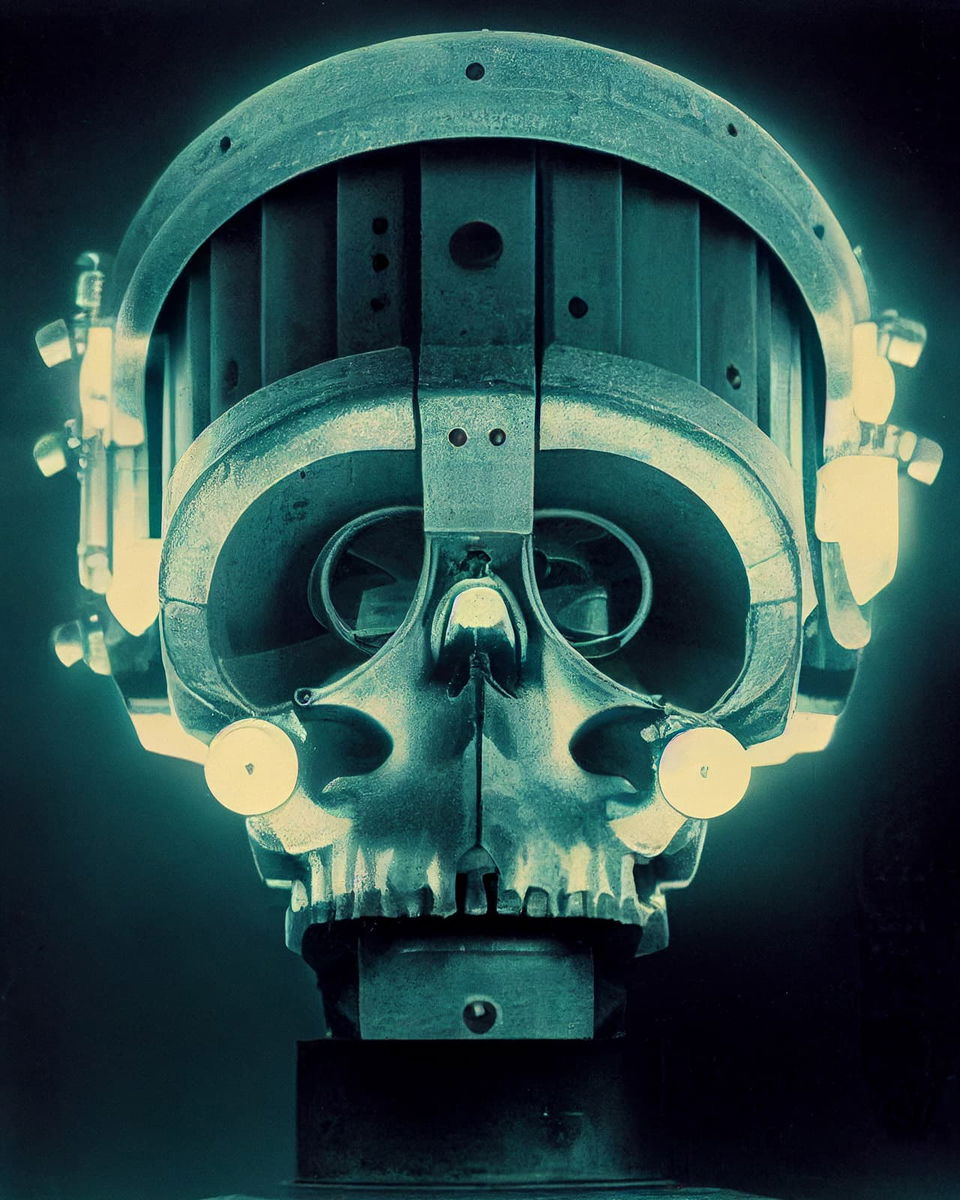 Concrete skull with dieselpunk lenses and copper wiring