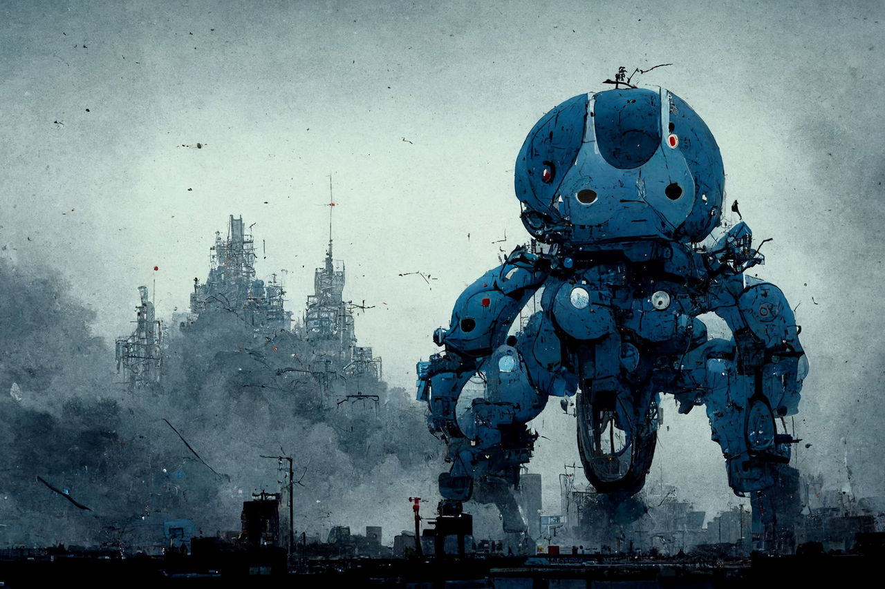 Blue armored robot above an industrial cityscape, in a gritty ink-and-wash style, Midjourney V3