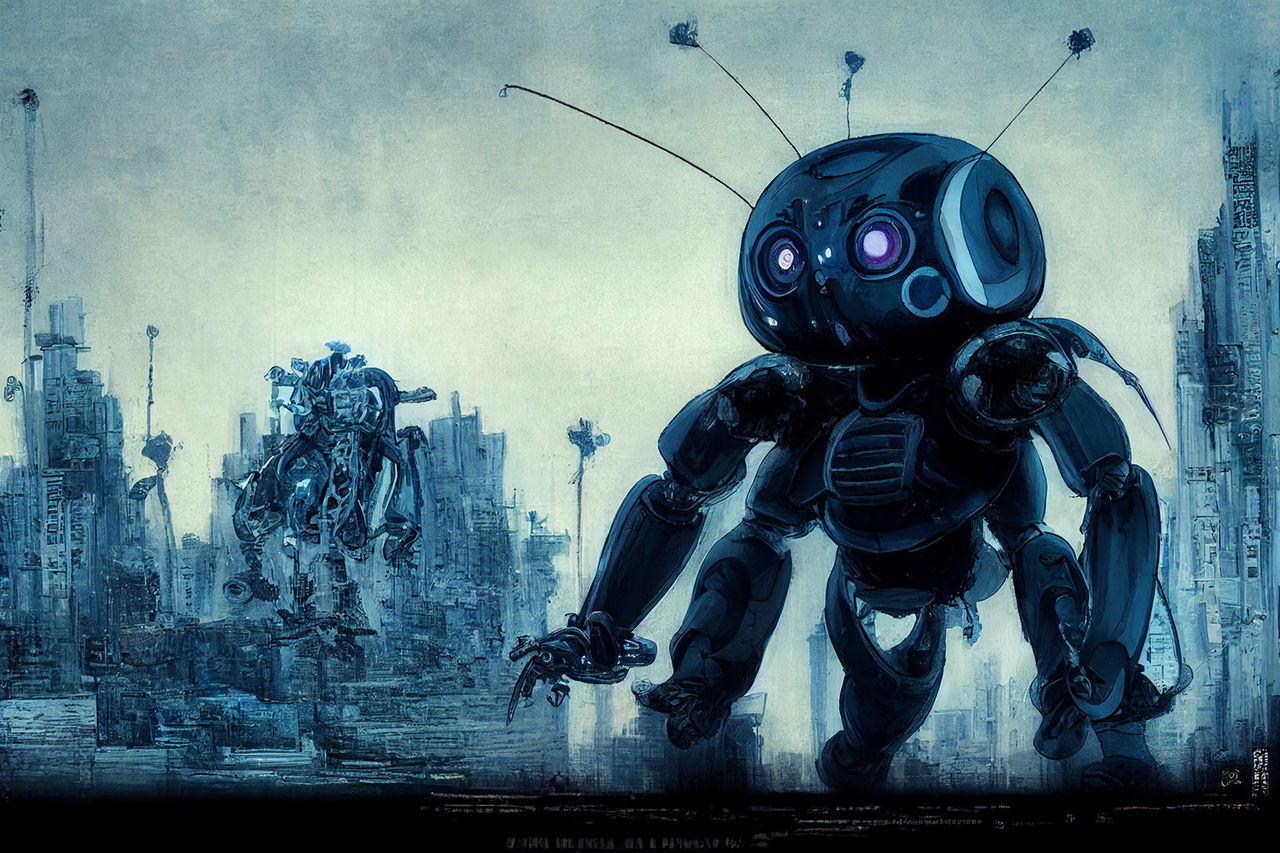 Tachikoma robots in a ruined city, rendered in dark blue ink with cool misty light