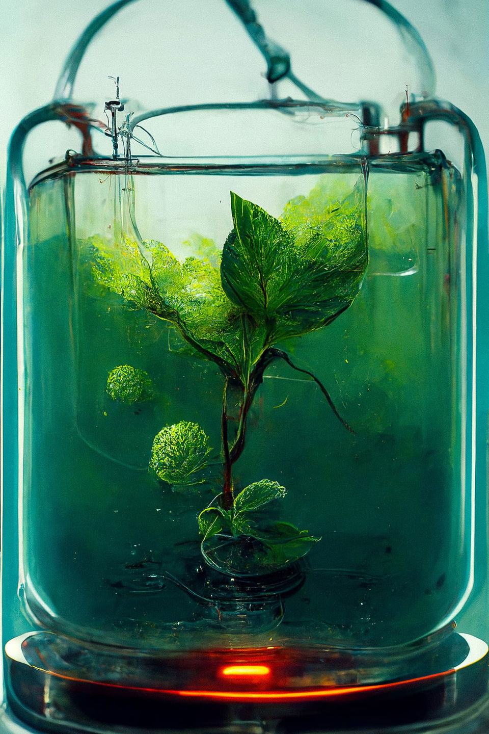 Leafy plant growing in a glass bioreactor, luminous teal-green palette and glowing light, Midjourney V3