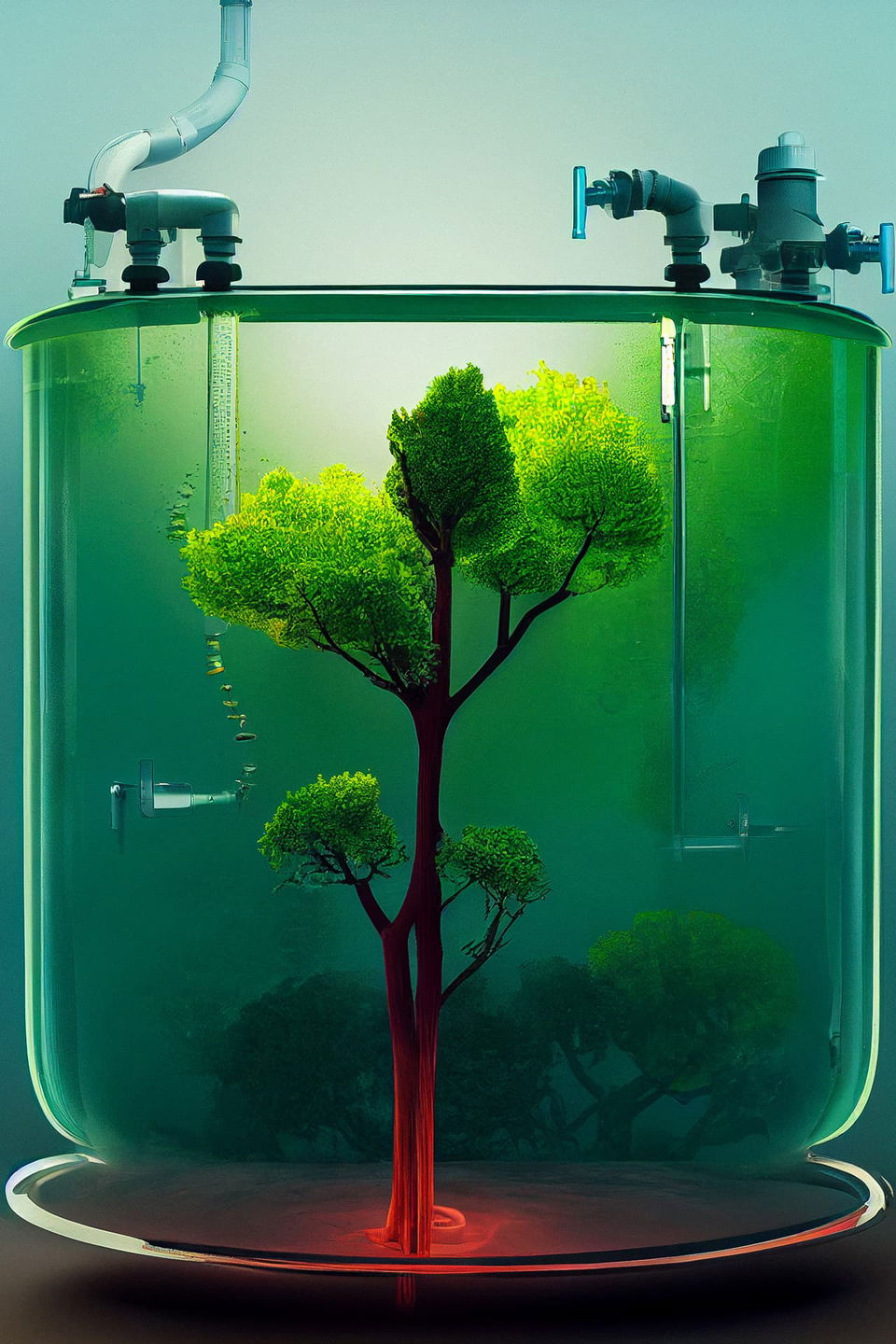 Tree growing inside a glass bioreactor, rendered in vivid green and teal light