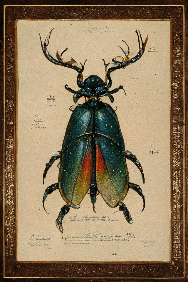 Stag beetle in a vintage chromolithograph with dark jewel tones and warm paper, Midjourney V3