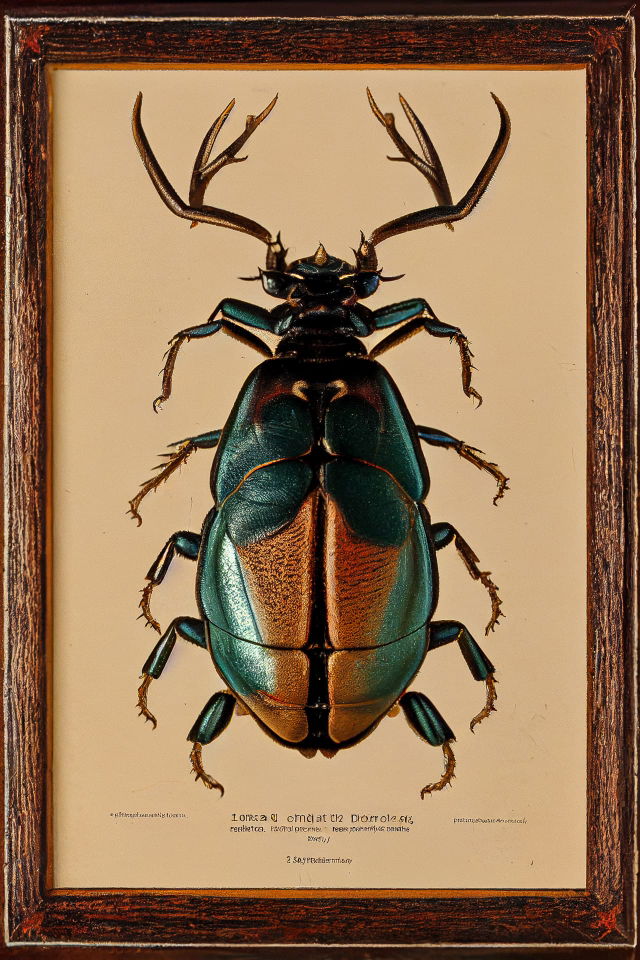Stag beetle in chromolithography style, teal and copper palette with warm light