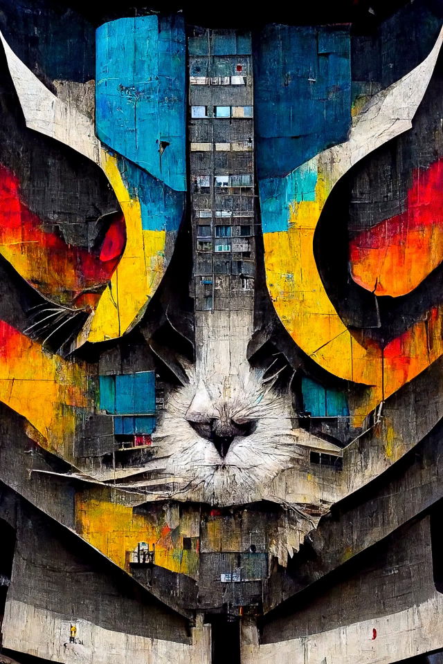 Colossal brutalist skyscraper cat in the style of Artur Bordalo, gritty blue-yellow-black collage, Midjourney V3