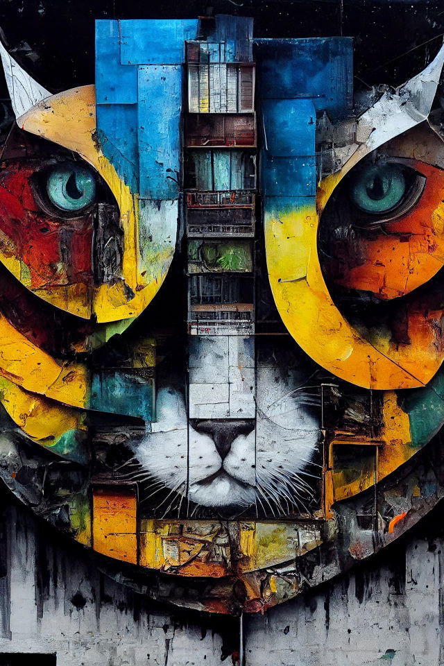 Brutalist skyscraper cat in the style of Artur Bordalo, vivid industrial collage, harsh light