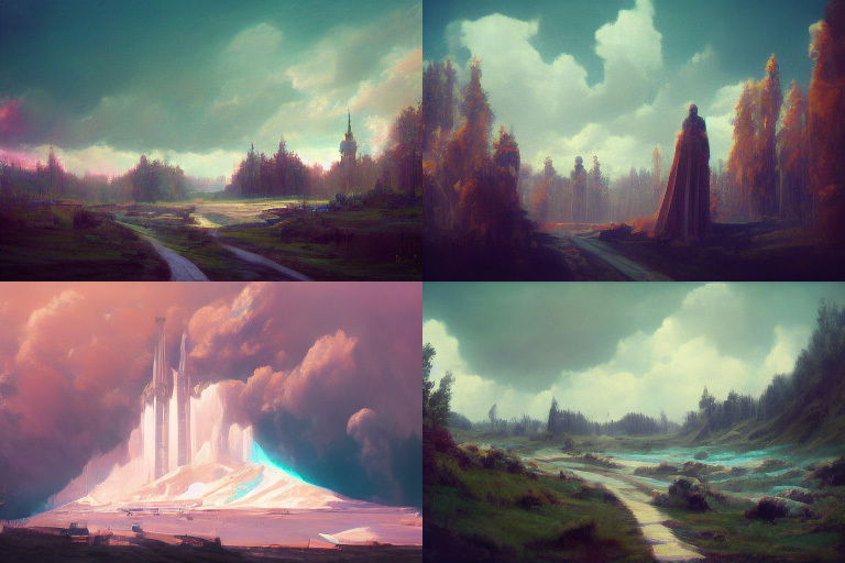 Fantasy landscape collage with castle, towers, and winding paths in luminous pastel colors, Midjourney V3