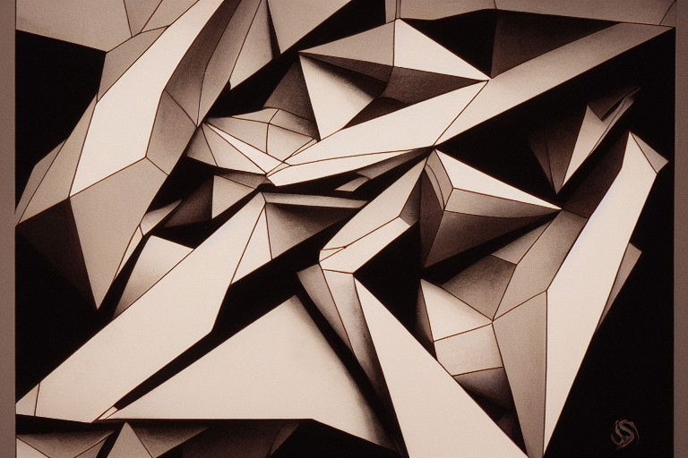 Abstract geometric shards with angular linework, sepia tones, and dramatic light and shadow