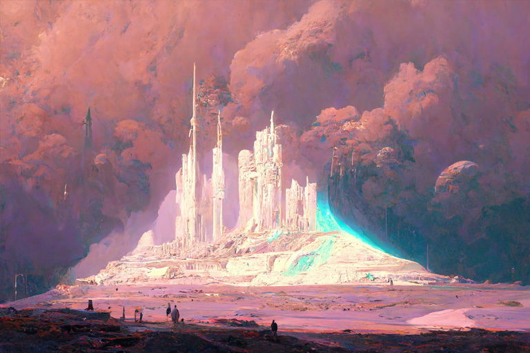 Futuristic crystalline city on a hill, rendered in luminous pink and turquoise fantasy art, Midjourney V3