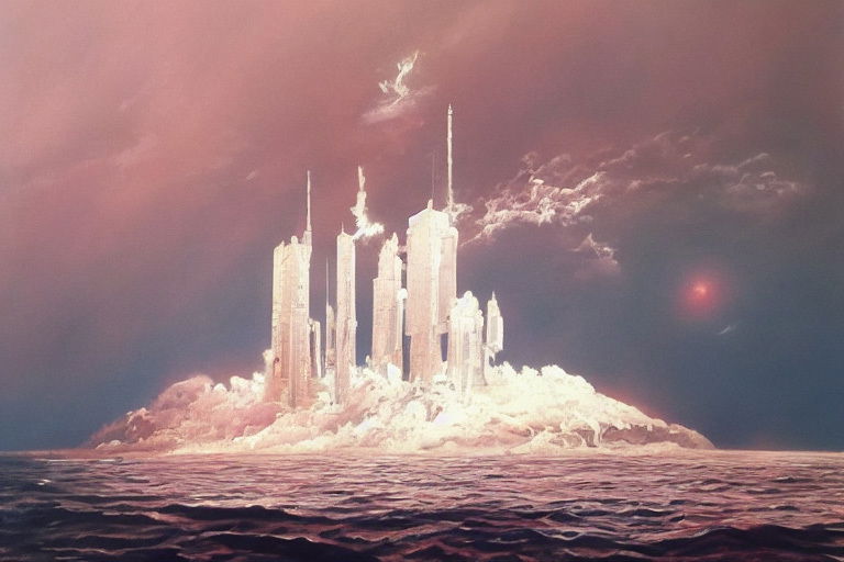 Futuristic island city rising from the sea, dreamy pastel palette and glowing ethereal light