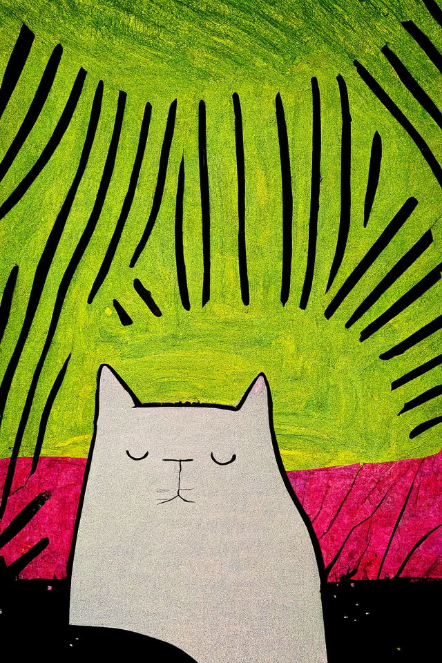 Silly cat in a bold hand-drawn style, with neon green, pink, and black colors, Midjourney V3