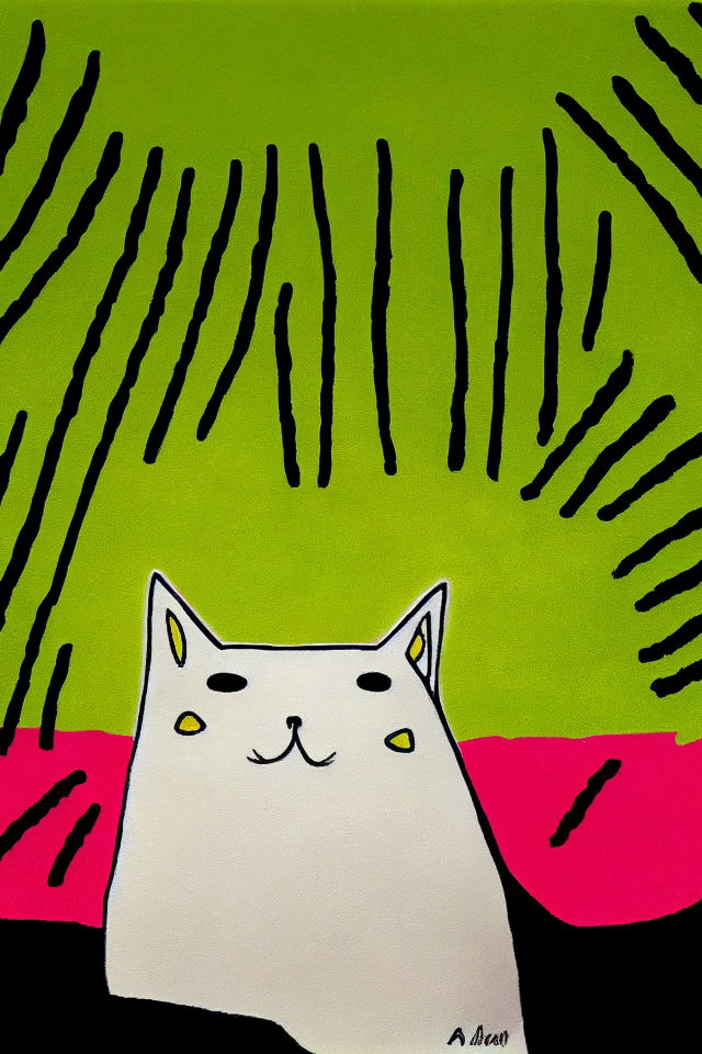 Silly white cat in a bold cartoon drawing with neon green, pink, and black shapes