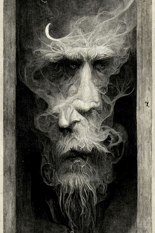 Druid spirit portrait in monochrome charcoal, starkly lit, in the style of John Kenn Mortensen, Midjourney V3