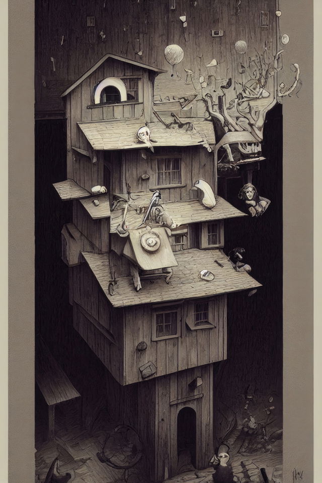 Druid spirit among stacked wooden houses, in the style of John Kenn Mortensen, muted sepia ink