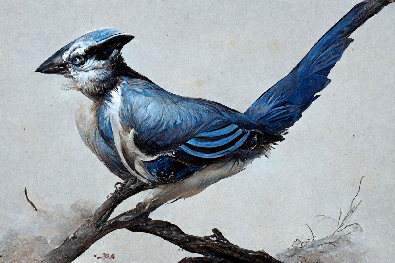 Blue jay perched on a branch in the style of Archibald Thorburn, detailed blue-gray watercolor, Midjourney V3