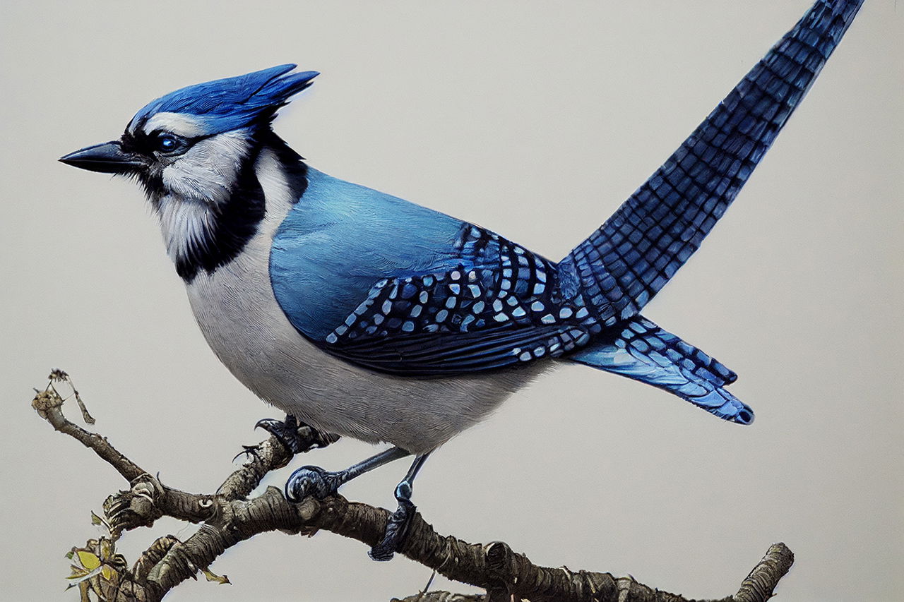 Blue jay on a branch, naturalistic blue-gray illustration in the style of Archibald Thorburn