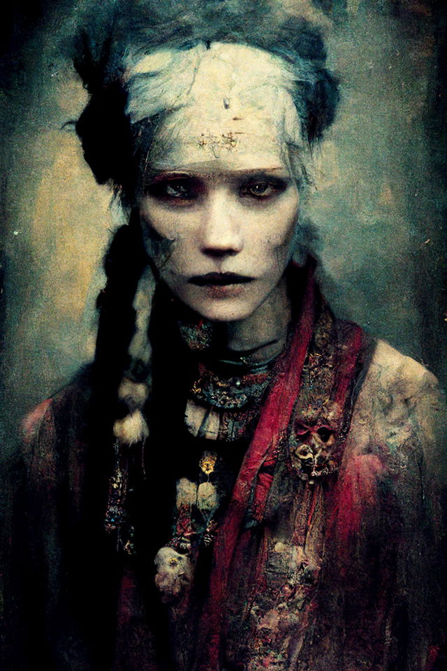 Baba Yaga in the style of Paolo Roversi, dark textured portrait with muted colors and dramatic light, Midjourney V3
