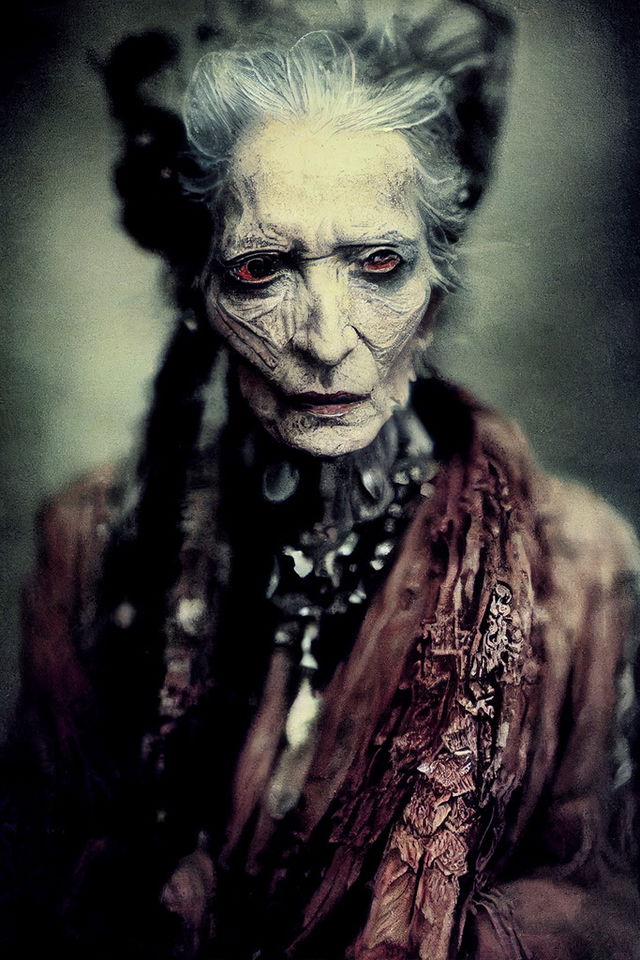 Baba Yaga portrait in the style of Paolo Roversi, dark painterly texture and muted green-brown light