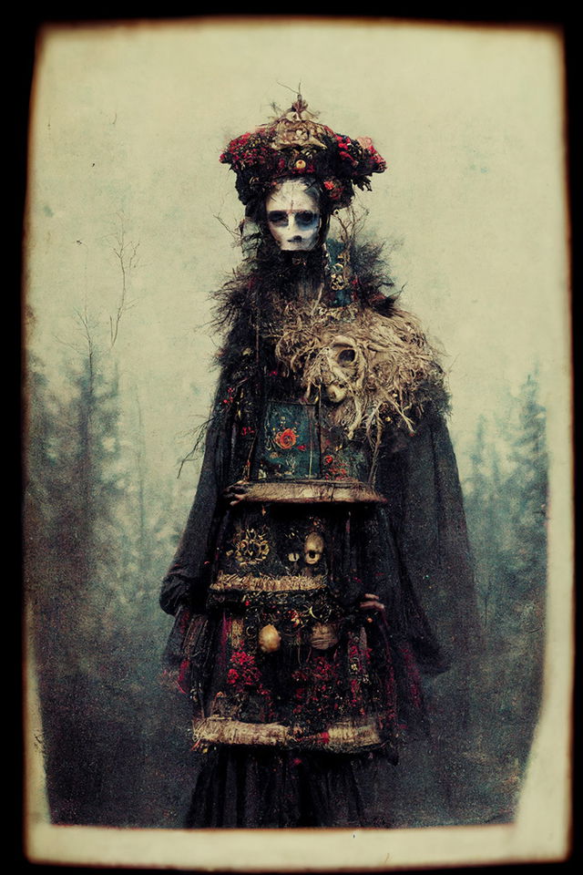 Baba Yaga in the style of Paolo Roversi, dark folkloric portrait with muted earthy tones, Midjourney V3