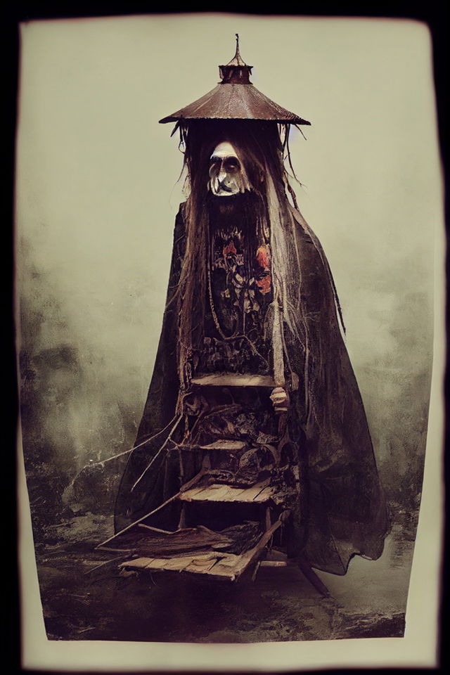 Baba Yaga in the style of Paolo Roversi, dark sepia photographic portrait with eerie soft light