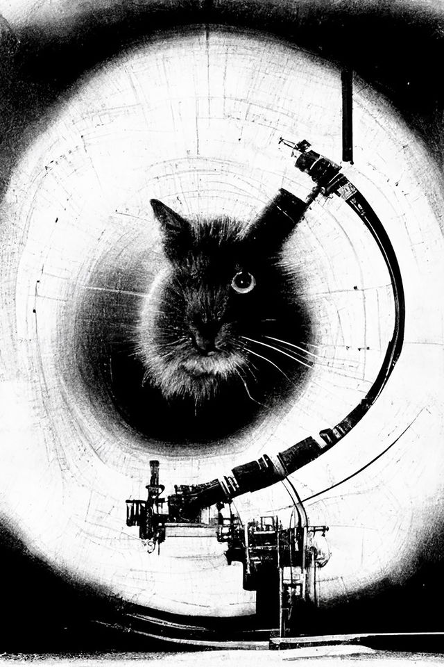 Black cat inside a colossal collider, shown as a stark high-contrast scientific photograph, Midjourney V3