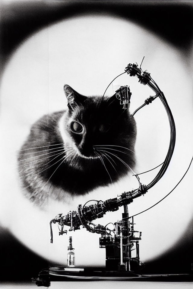 Cat fused with a colossal collider engine, in a stark black-and-white scientific photograph