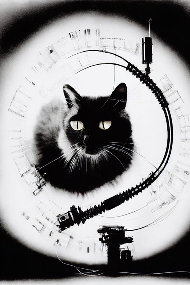 Black cat framed by collider machinery in stark black-and-white scientific photography