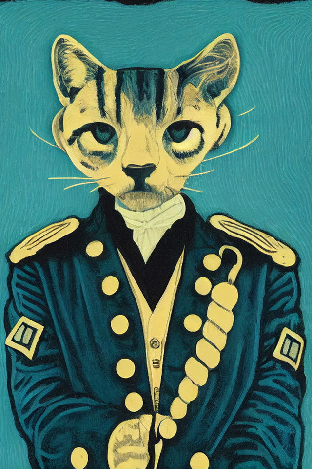 Wild cat in a 19th-century admiral's uniform, in a turquoise and yellow painted style