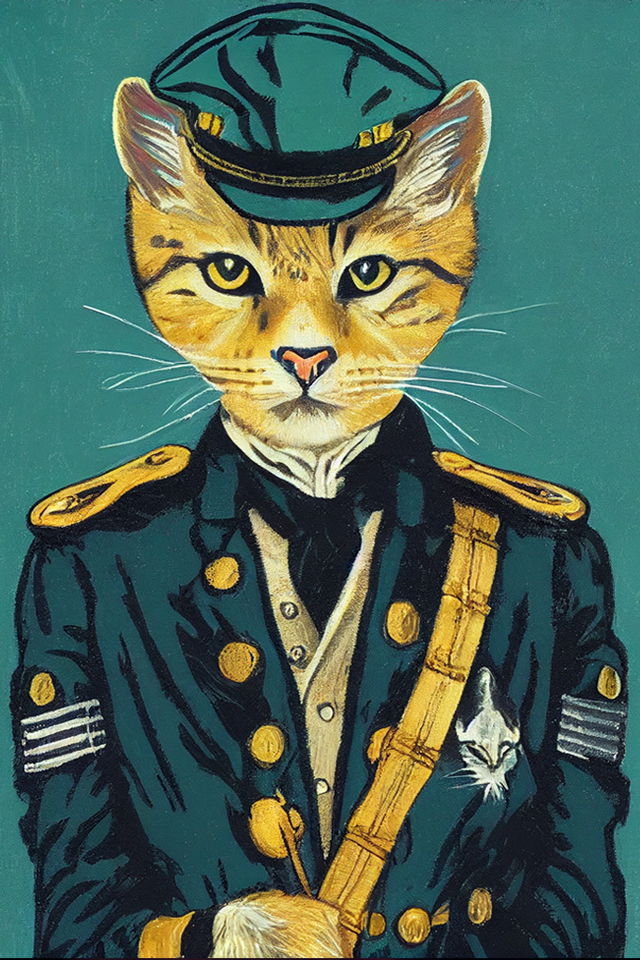 Wild cat in a 19th-century admiral's uniform, in the style of Billy Childish, in teal and gold