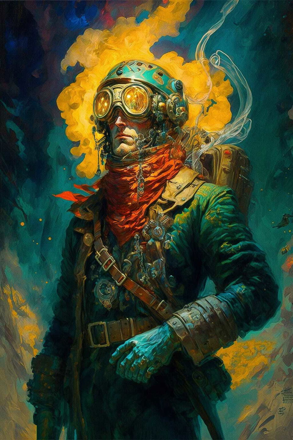 Midjourney prompt for dieselpunk space explorer character, blending artistic styles, --v 4, image blending techniques.