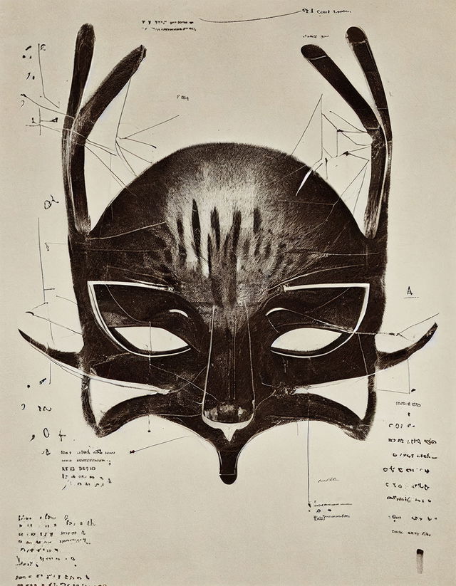 Intricate cat mask design by Anton Corbijn, showcasing Midjourney prompt techniques and image blending concepts.
